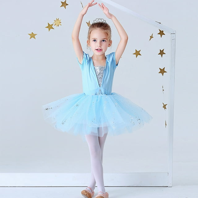 Justaucorps pour Filles, Danse Ballet, Robe Tutu à Jupe, Manches Courtes, Tenue de Danse, Robe de Princesse Elsa (avec Cape)