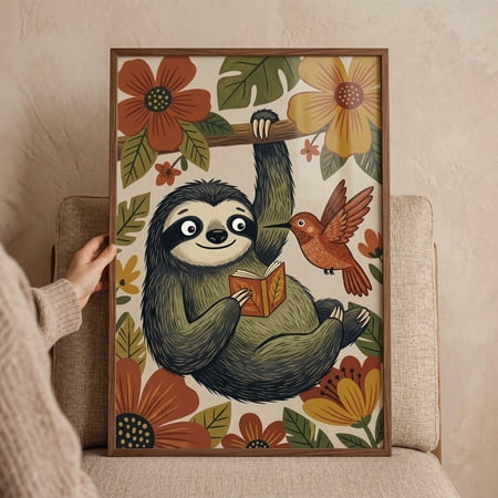 Hummingbird Friend Reading Sloth Animals Whimsical Folk Forest Nature Woodland Nursery Poster Poster Print Only