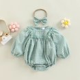 thumbnail image 5 of Staki Smocked Baby Girl Clothes Newborn Girl Bubble Romper Long Sleeve Jumpsuit And Headband Outfit Cute Infant Clothing 0-18M,12-18 Months, 5 of 9