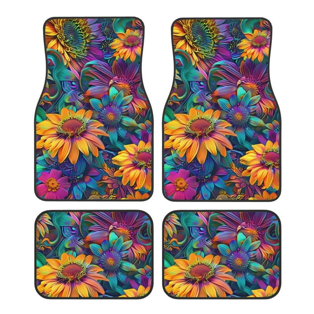 Kdxio Psychedelic Sunflowers Print Car Floor Mats Universal SUV Front Rear Floor Foot Mats 4-Piece Full Set with Non-Slip Rubber Backing Car Accessories for Most Cars