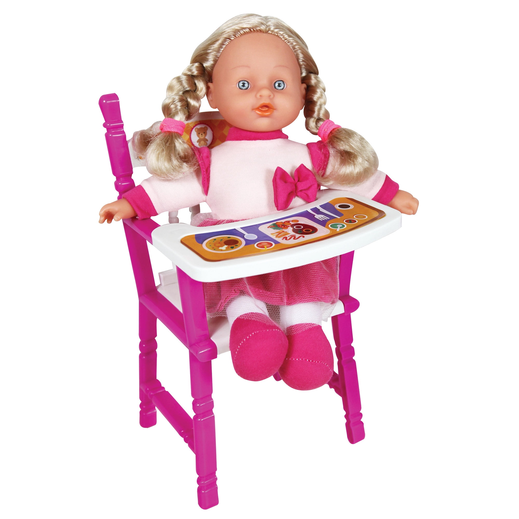 Lissi: 12" Doll Set: Stroller, Bed & Highchair - Blonde Hair - Pink-White-Animal - Feeding-Sleep-Travel Playset, Foldable Design, Kids-Toddlers Age 2+