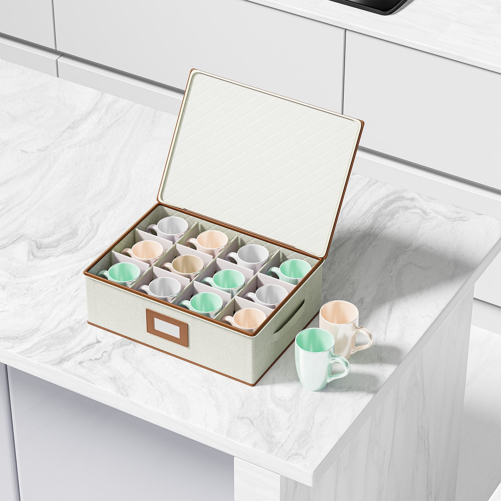 Aokeyee 2 Pack Cup and Mug Storage Box Hard Shell Holds 24 Coffee Mugs Glasses Stackable Organizers with Lid Handles Zippers Label for Moving Ivory