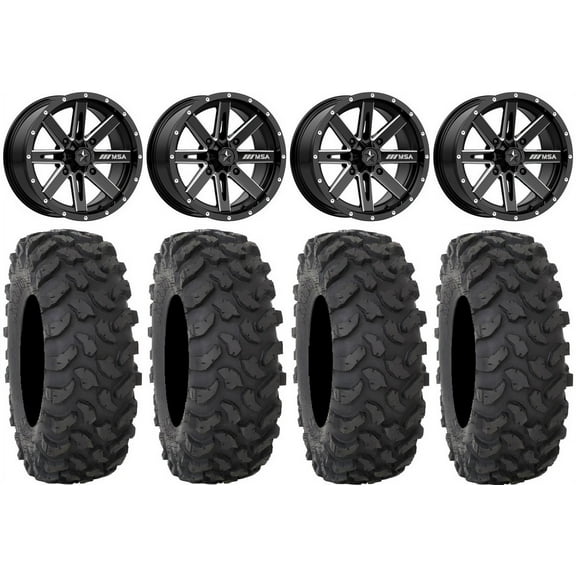 MSA Milled Boxer 14" UTV Wheels 28" XTR370 Tires Kawasaki Teryx Mule