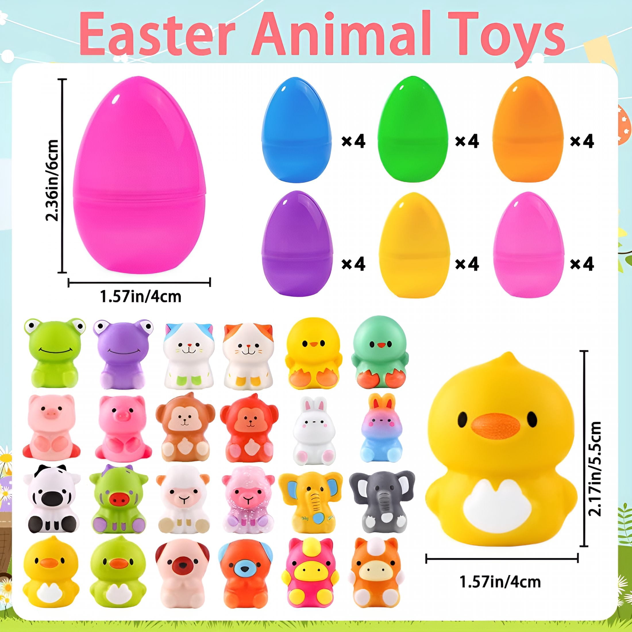 CYFW 24pcs Prefilled Easter Eggs with Animal Toys,Easter Basket Stuffers Egg Hunt Egg Fillers Squeeze Toys for Boys Girls Easter Party Favors for Kids Classroom Prize