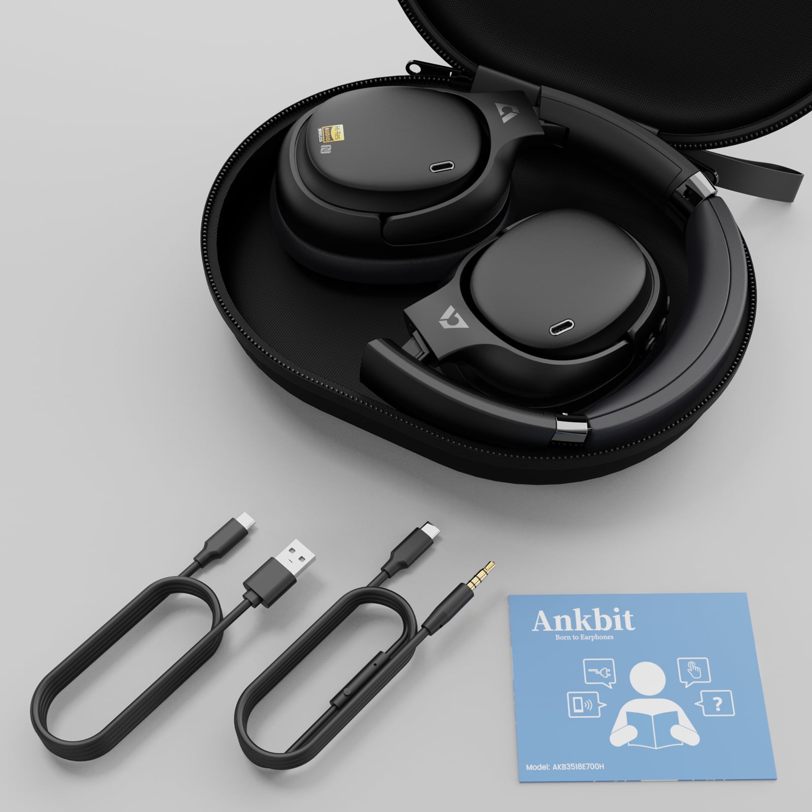 Ankbit E700 Active Noise Cancelling Headphones, Bluetooth 5.1 Wireless Headphones, Over Ear Bluetooth Headphones with Clear Calls, Deep Bass, aptX HD & Low Latency, for Talk/Music/Work, Black
