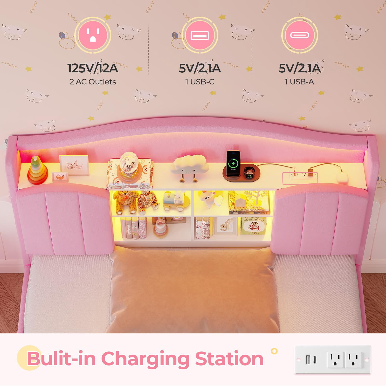 Afuhokles Velvet Upholstered Full Size Bed Frame with 4 Drawers and Hidden Storage Headboard, LED Lights and Charging Station,Pink