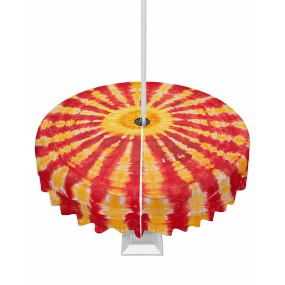 Outdoor Tablecloth with Umbrella Hole for Patio/Picnic/Party/Camping, Yellow Red Boho Waterproof Table Cloth Round Cover Washable, Farmhouse Gradient Abstract Tie Dye Art Dia 60"