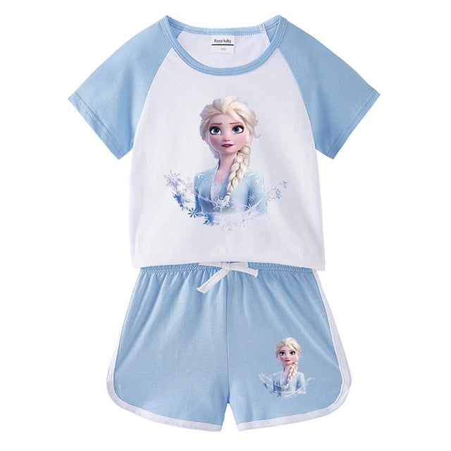 Nueva princesa congelada Elsa, conjuntos de ropa de verano para niñas pequeñas, pantalones cortos a cuadros, camiseta de manga corta de dibujos animados, ropa para niños, trajes 100 (2T) Gao Jinjia LED