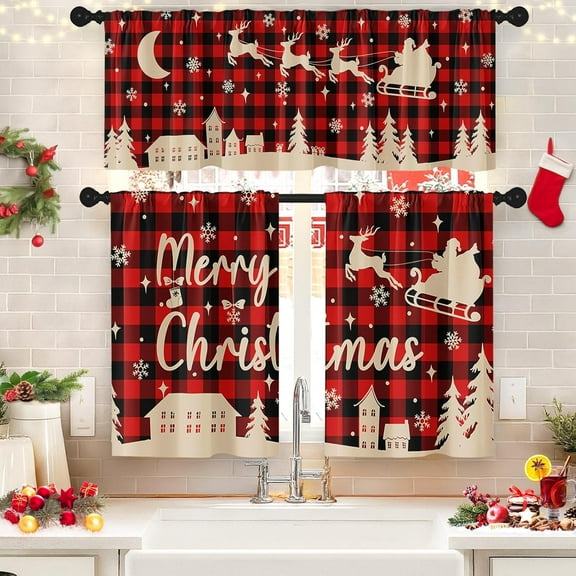 Merry Christmas Kitchen Window Curtains and Valances Set 36 Inch, Red Buffalo Plaid Xmas Reindeer Short Tier Curtain for Cafe Living Room Bathroom, Farmhouse 3 Pieces Set Kitchen Decor
