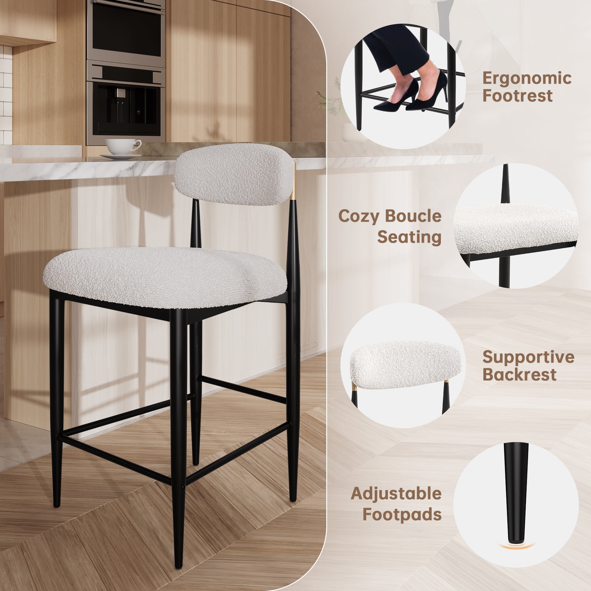 Morden Fort Counter Height Bar Stools Set of 2, 26" Boucle Barstools with Backrest and Metal Legs, Island Chairs for Kitchen Island, Dining Room