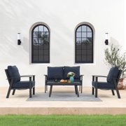 OC Orange-Casual Outdoor Aluminum Furniture Set - 4 Pieces Patio Sectional Chat Sofa Conversation Set with Coffee Table and Loveseat, Includes Thick Cushions,for Lawn Backyard, Navy Blue