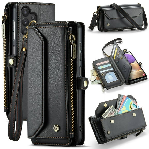 Crossbody for Samsung Galaxy A32 5G Case Wallet【RFID Blocking】with 10-Card Holder Zipper Bills Slot, Soft PU Leather Magnetic Shoulder Wrist Strap for Galaxy A32 5G Wallet Case Women