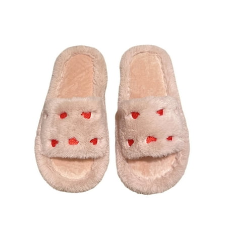 

Niceyoeuk Women Winter Slippers Heart Open Toe Fuzzy Trim Non-slip Soft Sole House Shoes for Indoor Outdoor