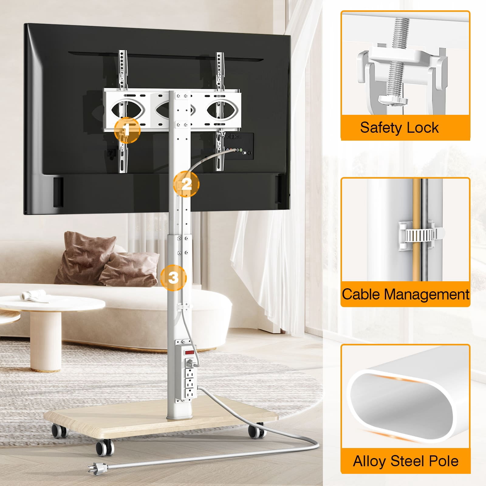 RTVR Mobile Rolling TV Stand on Wheels & Power Outlet for 32-70 inch Screens, Adjustable Indoor Outdoor TV Mount Stand with Wooden Base, White