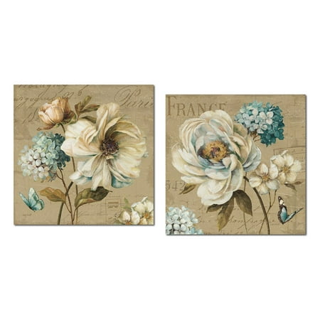 Beautiful Teal, Tan and Brown Floral and Butterfly Print Set by Lisa Audit; Two 12x12in Poster