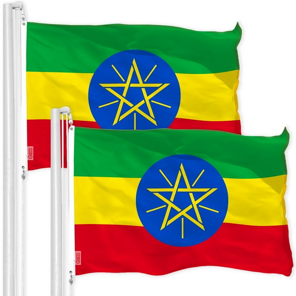 G128 – 2 Pack: Ethiopia (Ethiopian) Flag | 3x5 feet | Printed 150D – Indoor/Outdoor, Vibrant Colors, Brass Grommets, Quality Polyester, Much Thicker More Durable Than 100D 75D Polyester
