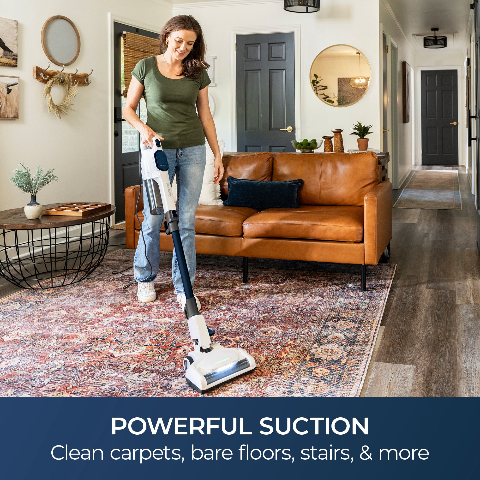 Kenmore 200 Series Corded Stick Vacuum, for Hard Floors, Carpets, & Rugs, 2-in-1 Detachable Hand Vac, Lightweight, Wall-Mountable, CS2016, White Blue