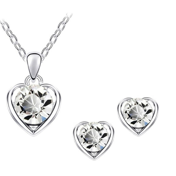Yesbay Women Rhinestone Heart Pendant Necklace Chain Stud Earrings Party Jewelry Set,White