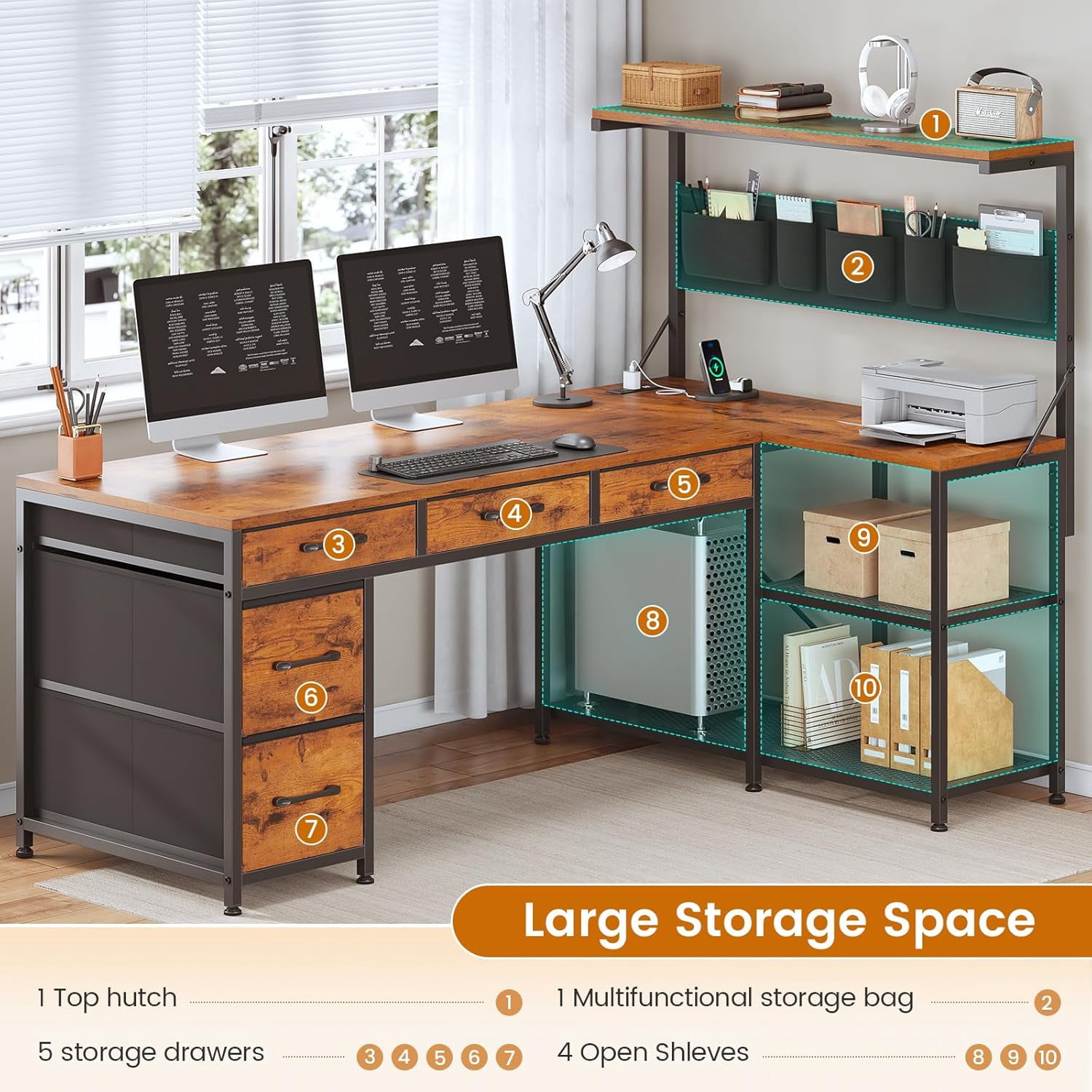 L Shaped Desk with 5 Fabric Drawers and Hutch, 47.2" Reversible Computer Desk with LED Lights for Home Office
