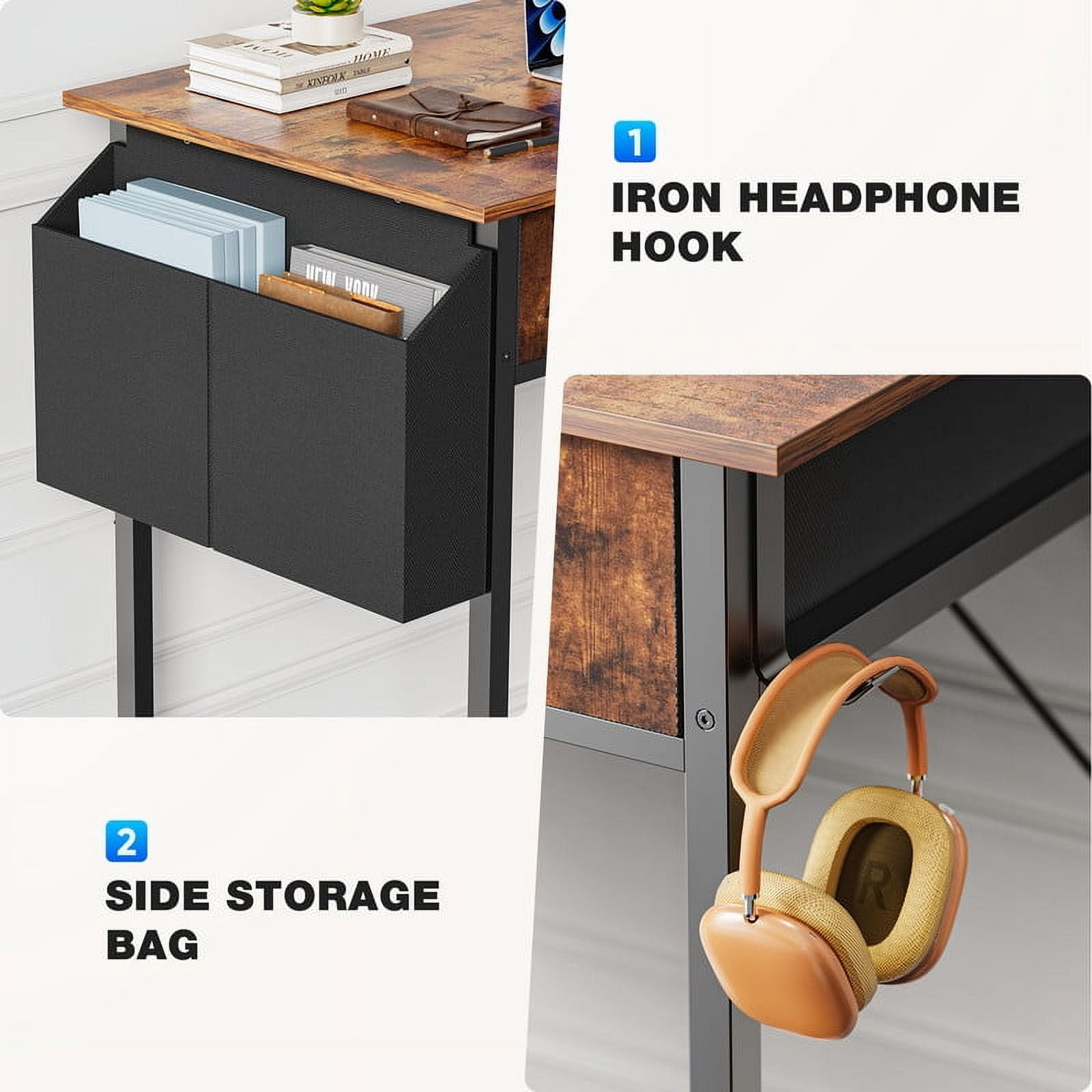 Gianna 32 Inch Desk with 2 Drawers Home Office Computer PC Table with Fabric Storage Bag, Study Writing Wood Deskboard for Small Spaces,Rust Brown