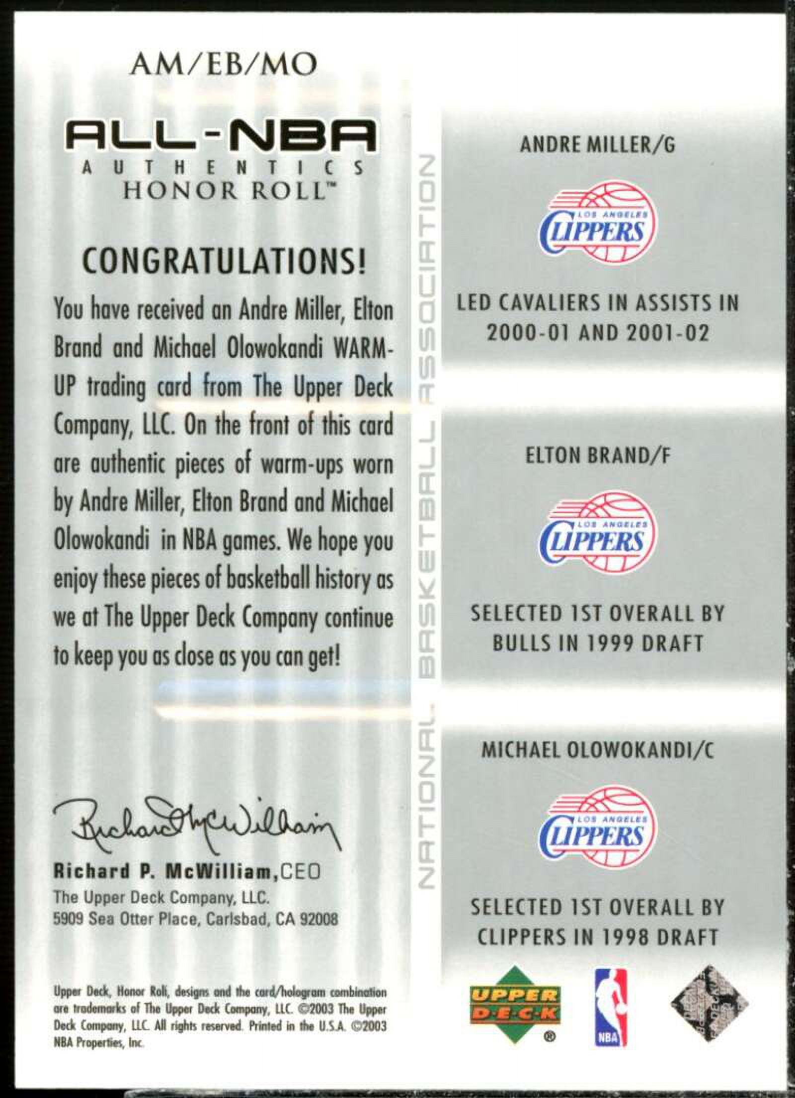 Andre Miller/Brand/Olowokandi 2002-03 Upper Deck Honor Roll Triple Warm-ups #1
