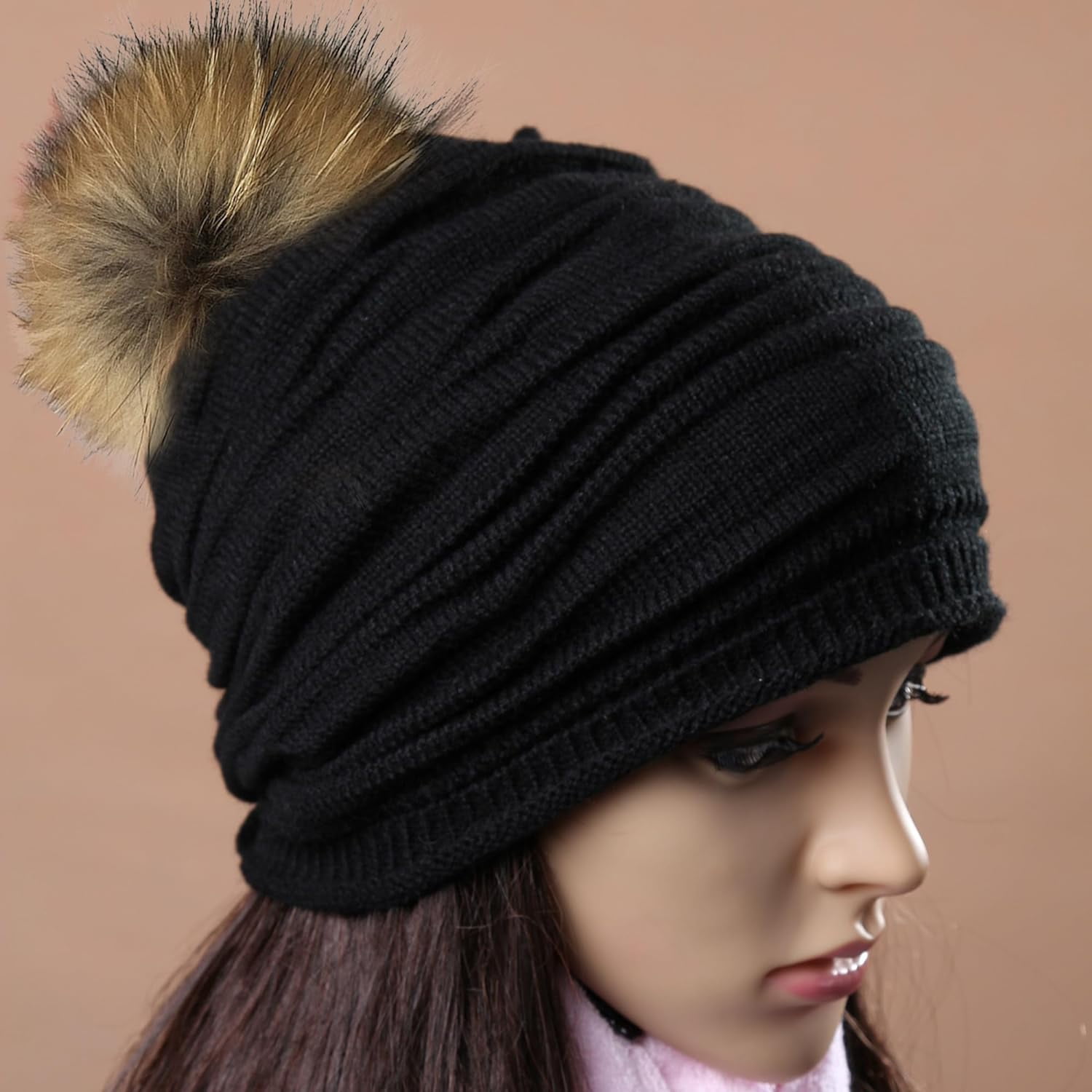 Pom Poms for Hats:Handmade Fluffy Pom Poms for Beanies,4 Inch Pom Pom Balls for Knitting Hats with Snap Buttons,Womens Pompoms for Hats Bags Keychain Accessories,4PCS