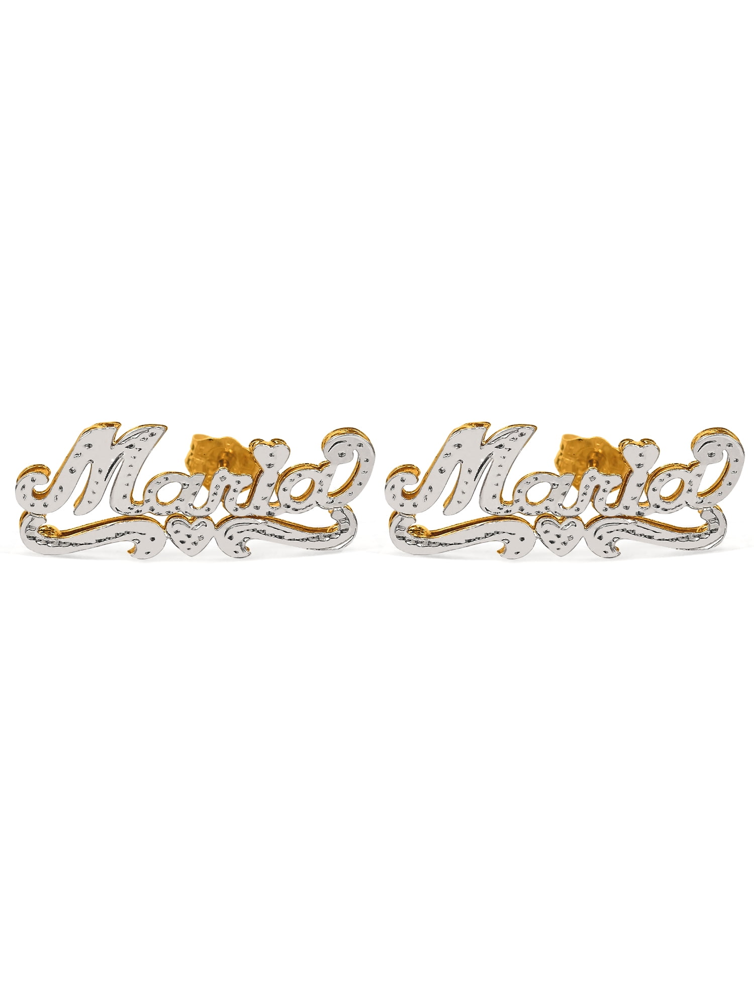 Personalized Stud Name Earrings with Beading and Rhodium All Over The Name, Tail and Heart