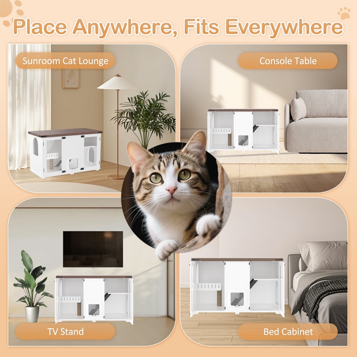 47.25 Large Cat Litter Box Enclosure Furniture with LED Light Hidden Litter Box Cabinet with Cat Scratching Post Stairs & Smart 4 Mode Door Cat House Side Table for Living Room White