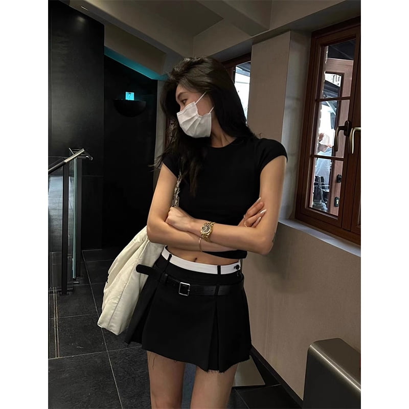 Streetwear Belt Mini Skirt Women Korean Patchwork Pleated