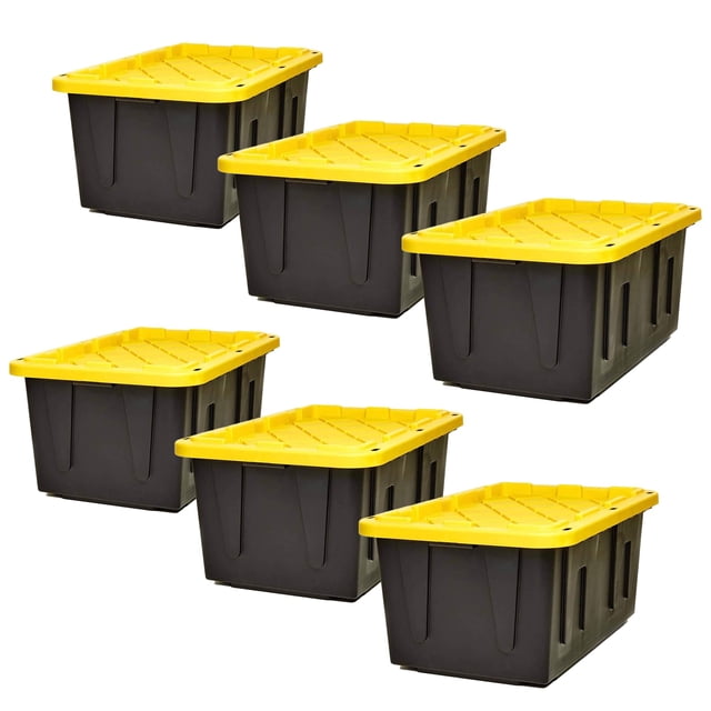 HOMZ Durabilt 15 Gallon Storage Tote Home Organization Heavy Duty Container Stackable Bins with Hinged Flip Lids, 6 Pack, Black and Yellow