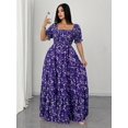 thumbnail image 4 of Purple Plus Size Summer Casual Ditsy Floral Square Neck Puff Sleeve Tiered Maxi Dress, 4 of 6