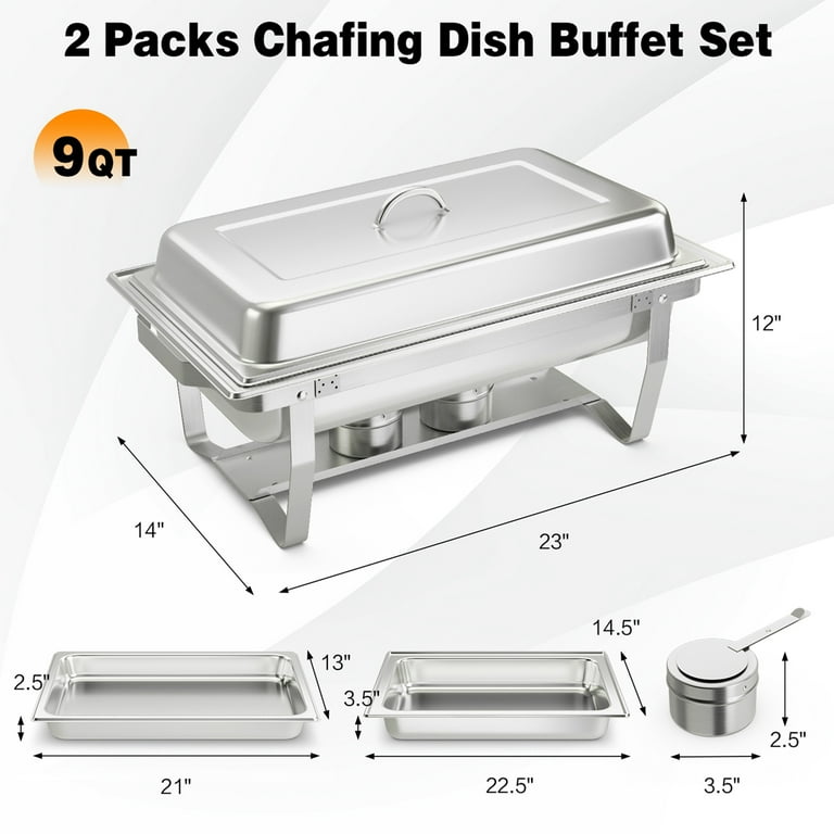 2 Pack 9QT Stainless Steel Rectangular Chafing Dish Set - Buffet Food Warmer With Trays & Frame
