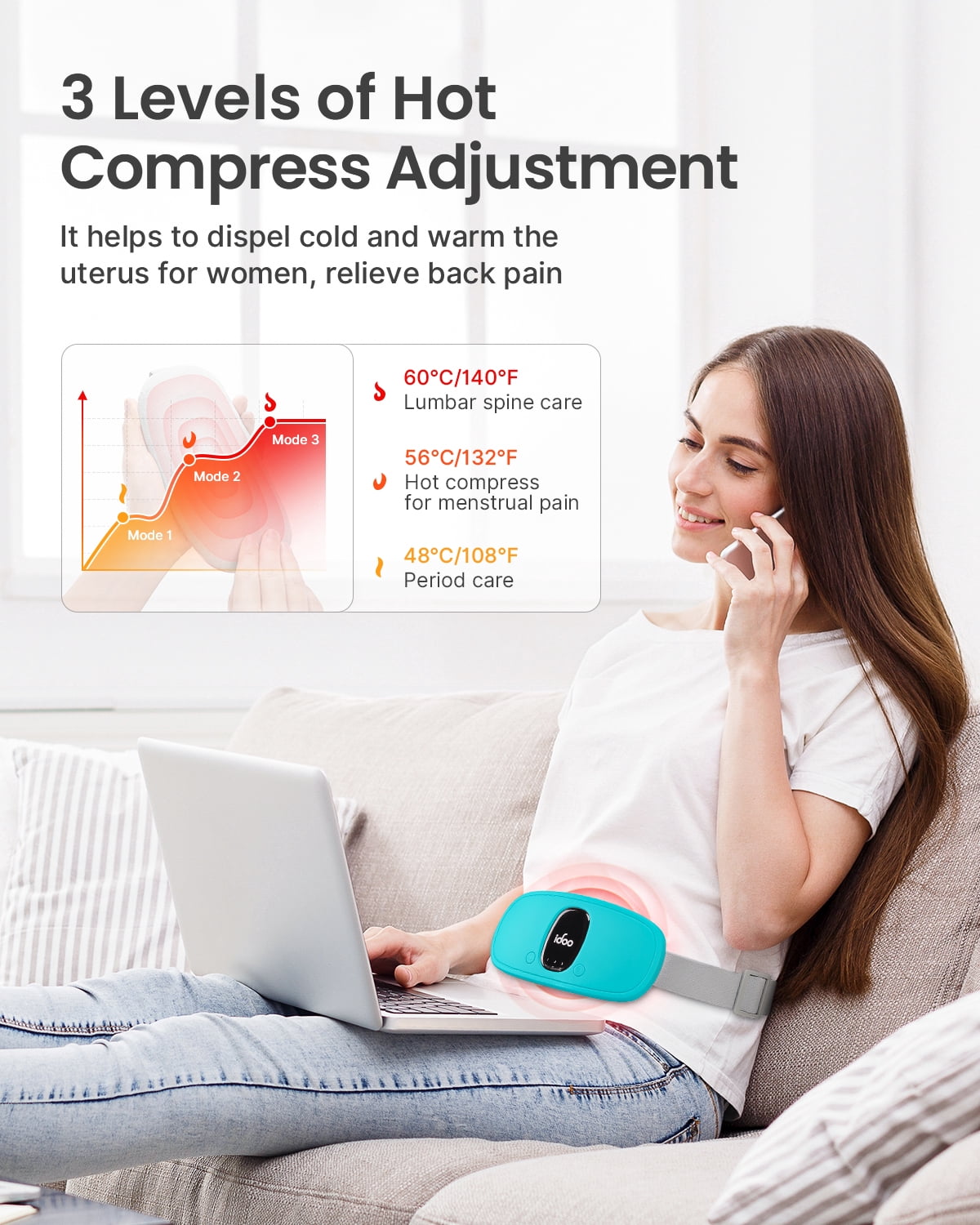 iDOO Cordless Heating Pad for Period Cramps, 3 Heat Setting, 3 Massage Modes,Birthday Mothers Day Gifts for Girlfriend Mom Wife Women, FSA HSA Eligible, Cyan