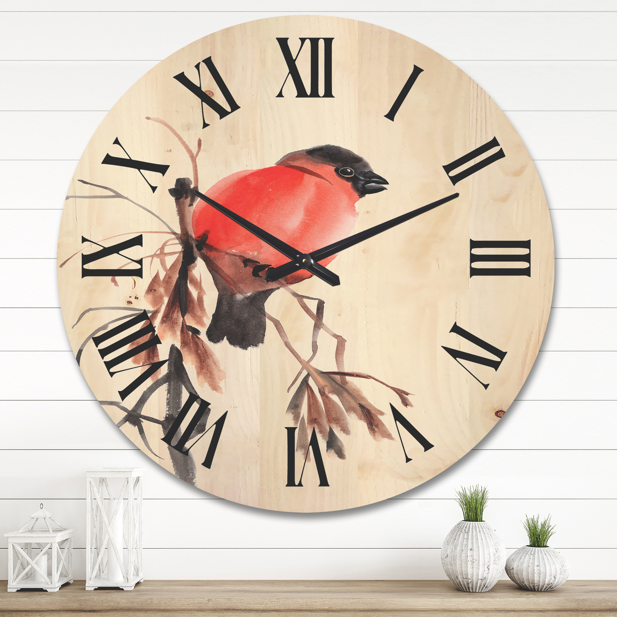 Designart 'Red Bullfinch Bird Sitting On A Branch' Traditional Wood Wall Clock