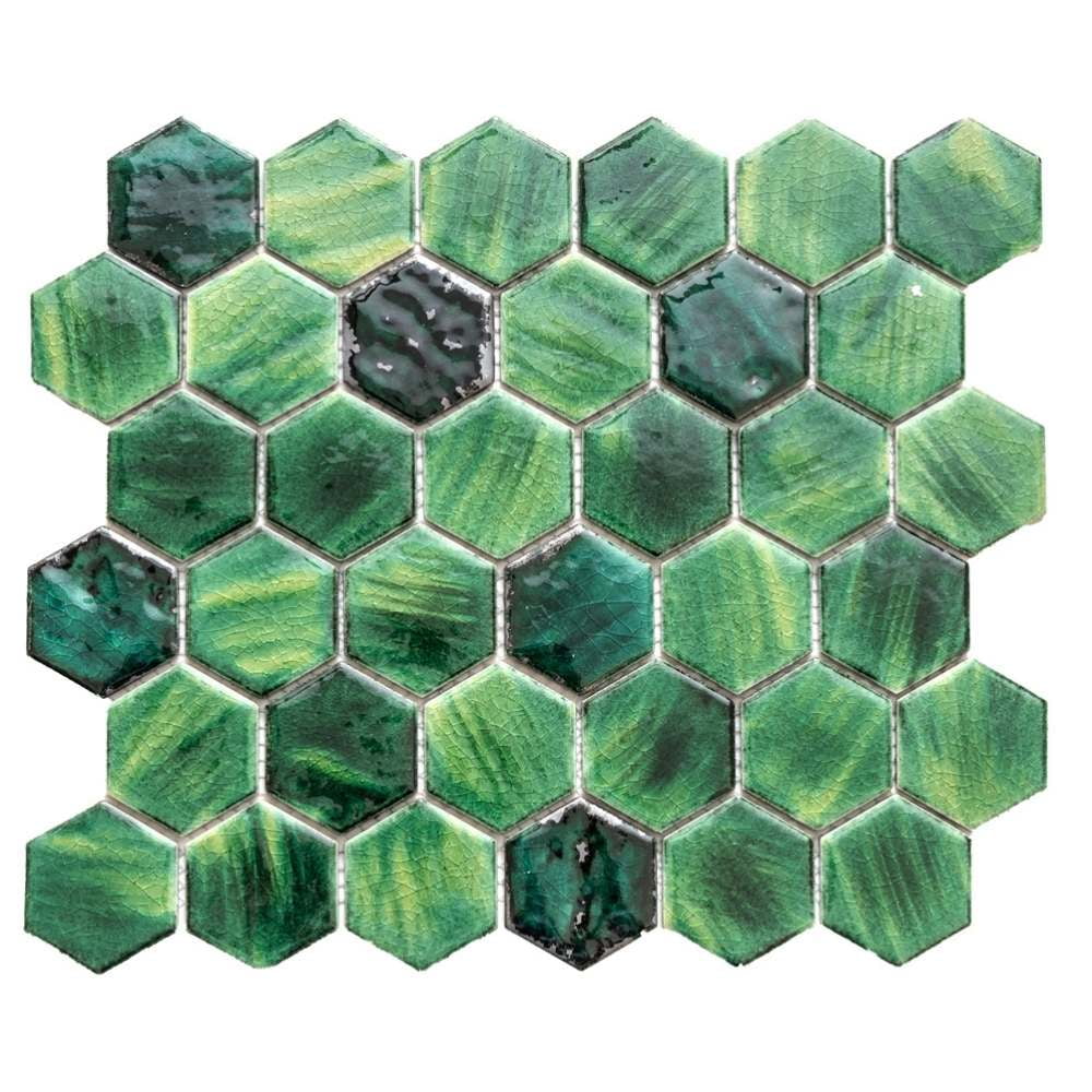 The Tile Life Agate 2 in x 2 in Hexagon Emerald Glossy Porcelain Mosaic Wall Tile 1 Sheet