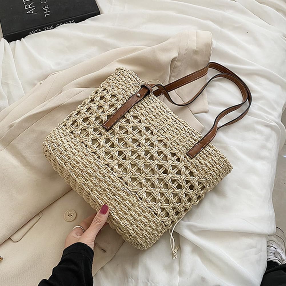 Stylish Boho Straw Tote Bag Hand-woven Purse Beach Handbag Summer Shoulder Bag With Adjustable Strap