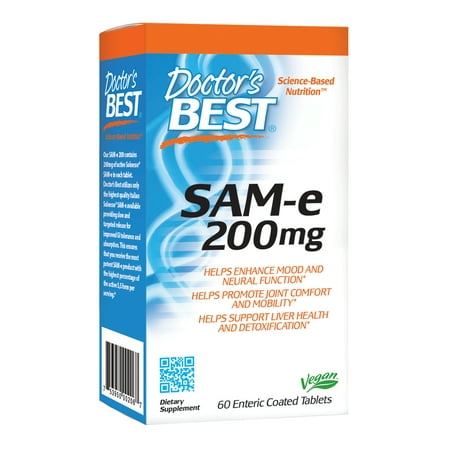 Doctor's Best SAM-e 200 mg, Vegan, Gluten Free, Soy Free, Mood and Joint Support, 60 Enteric Coated