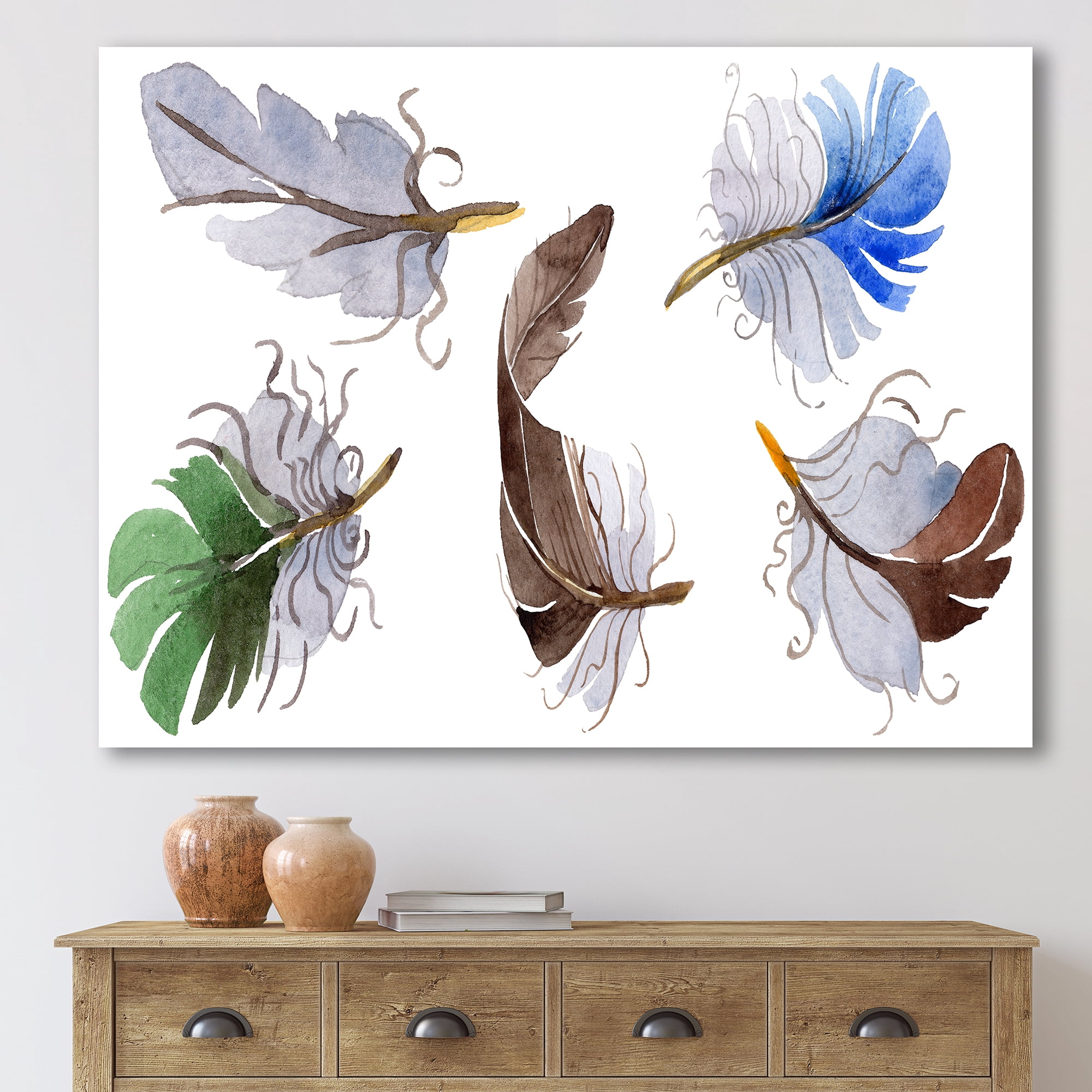 Designart ' Colourful Boho Feather Set On White IV ' Bohemian & Eclectic Canvas Wall Art Print