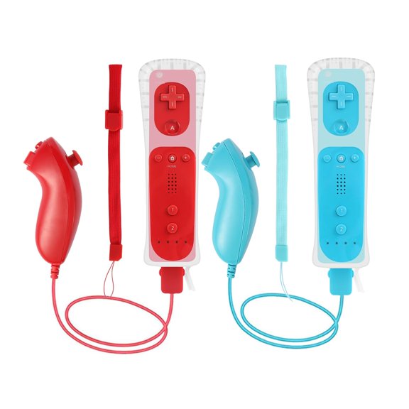2 Pack Wii Remote and Nunchuck Controller,Wii Remote Controller with Motion Plus,Silicone Case and Wrist Strap Compatible for Wii/Wii U,Blue and Red