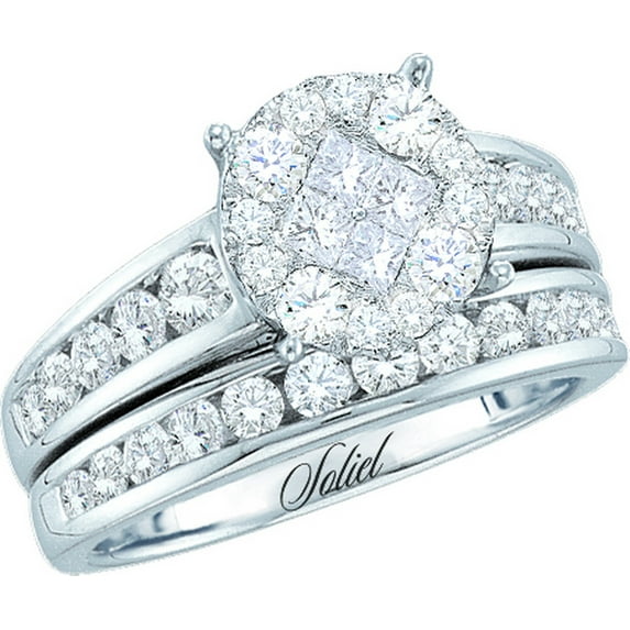 Size 5.5 - 14k White Gold Diamond Cluster Bridal Wedding Engagement Ring Band Set 1.00 Cttw