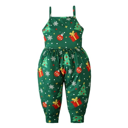 

Toddler Baby Girls Christmas Jumpsuit Spaghetti Straps Reindeer/Tree/Snowman/Present Print Pattern Casual sleeveless Romper