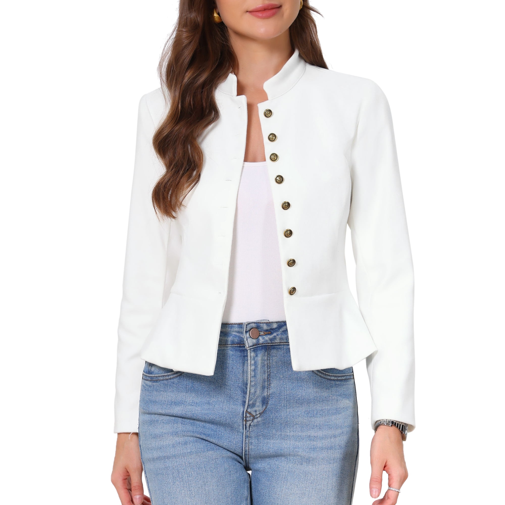 INSPIRE CHIC Business Casual Blazer for Women Classic Button Warm Stand Collar Long Sleeve Work Fitted Blazer Suit Jackets M Cream White