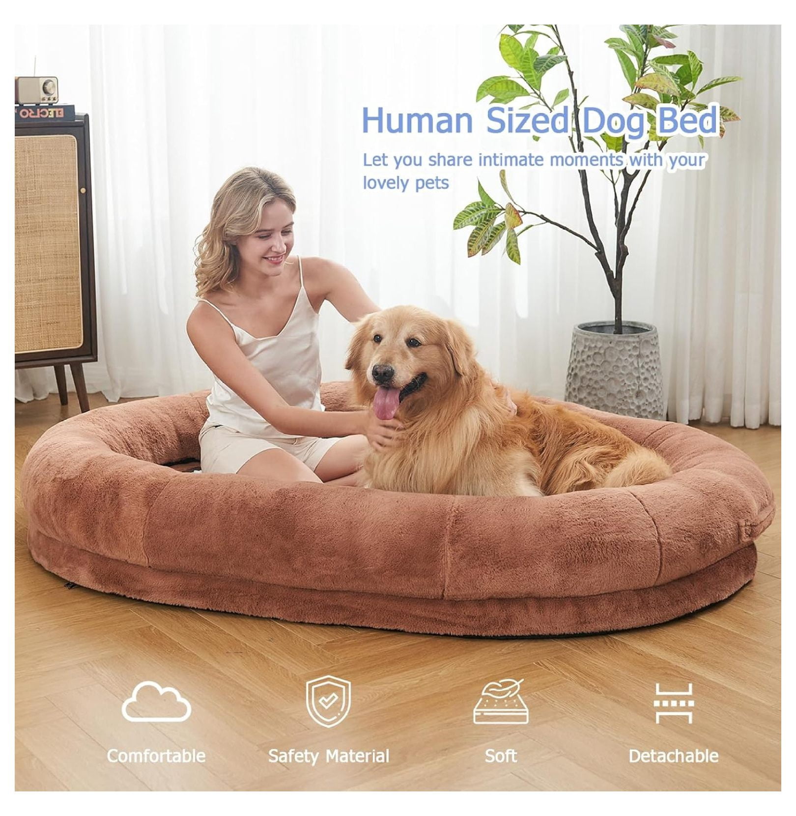 Human Dog Bed 72x48x10 Large Fluffy Cloud Lounger for Adults Pets Indoor Relaxation Sleep Rest Comfort Tan