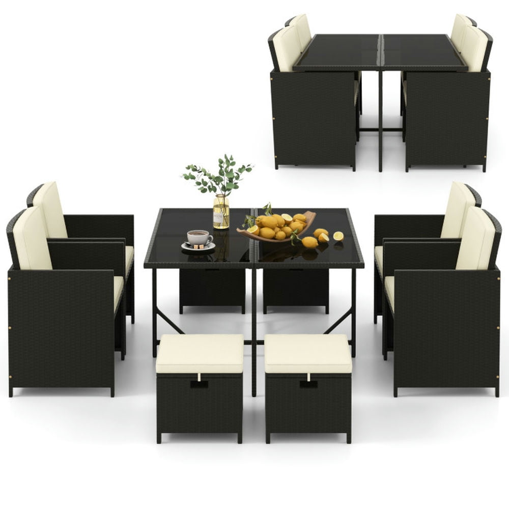 GVN Outside Patio Conversation Sets, Patio Dining Set,9 PCS Outdoor Dining Furniture Set with Tempered Glass Table and Ottomans-White GVN Outside Patio Conversation Sets, Patio Dining Set,9 PCS Outdoor Dining Furniture Set with Tempered Glass Table and Ottomans-White