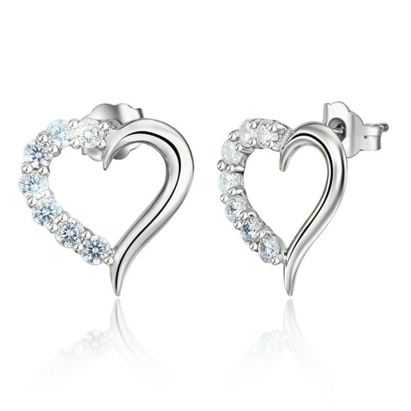 Wellingsale Ladies 14k White Gold Polished Heart Prong Setting CZ Earrings with Push Back (13 x 13 mm)