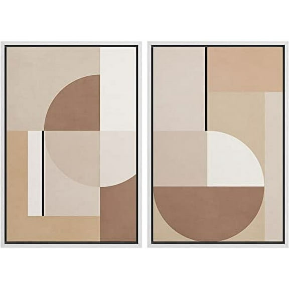 IDEA4WALL Framed Canvas Print Wall Art Brown and White Mid-Century Geometric Symbols Abstract Shapes Modern Boho Relax/Calm Chic for Living Room, Bedroom, Office - 24"x36"x2 White