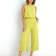 thumbnail image 5 of Dazajoo Two Piece Linen Sets for Women Casual Crew Neck Tank Tops and Wide Leg Pants with Pockets Set Summer Solid Color Lounge Suits,Yellow,S, 5 of 8