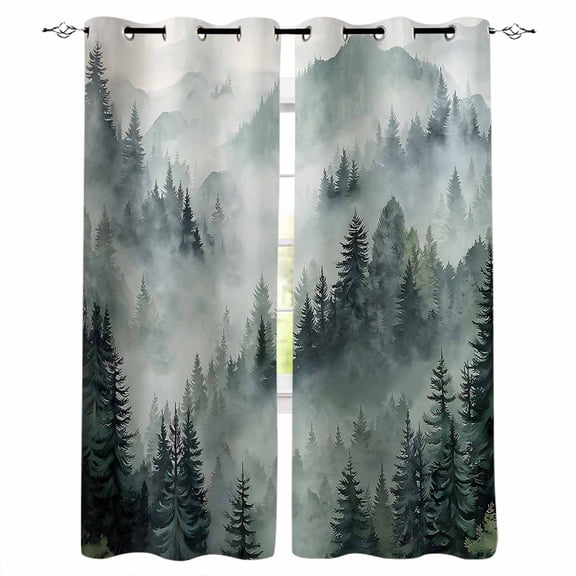 Green Mountain Black Out Curtains 63 Inch Long, Room Darkening Draperies Curtains Panels, Misty Forest Nature Woodland Pine Tree Landscape Thermal Curtain for Bedroom Living Room 52"x63" 2 Panels