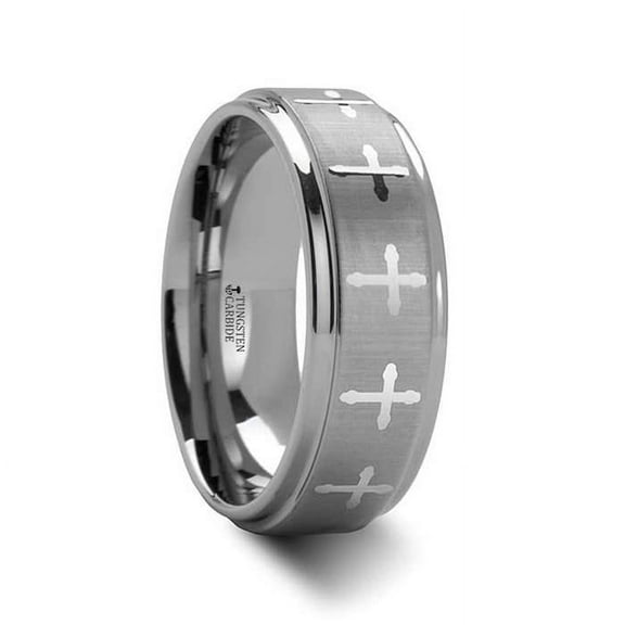 Trinity Raised Center With Engraved Crosses Mens Tungsten Carbide Wedding Band