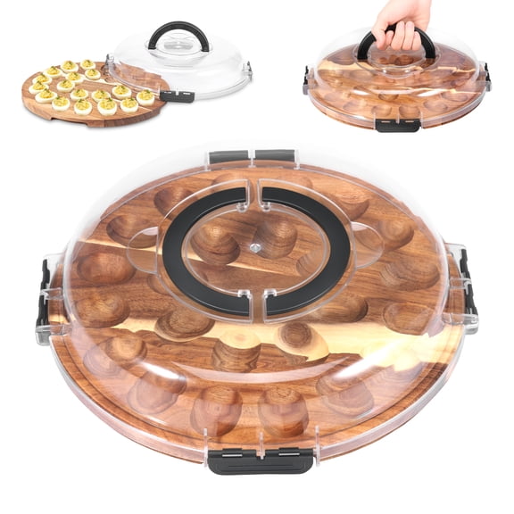 Deviled Egg Container with Lid Wooden Deviled Egg Platter Carrier Holder Trays with 24 Slots for Party and Home Kitchen Clear Lid